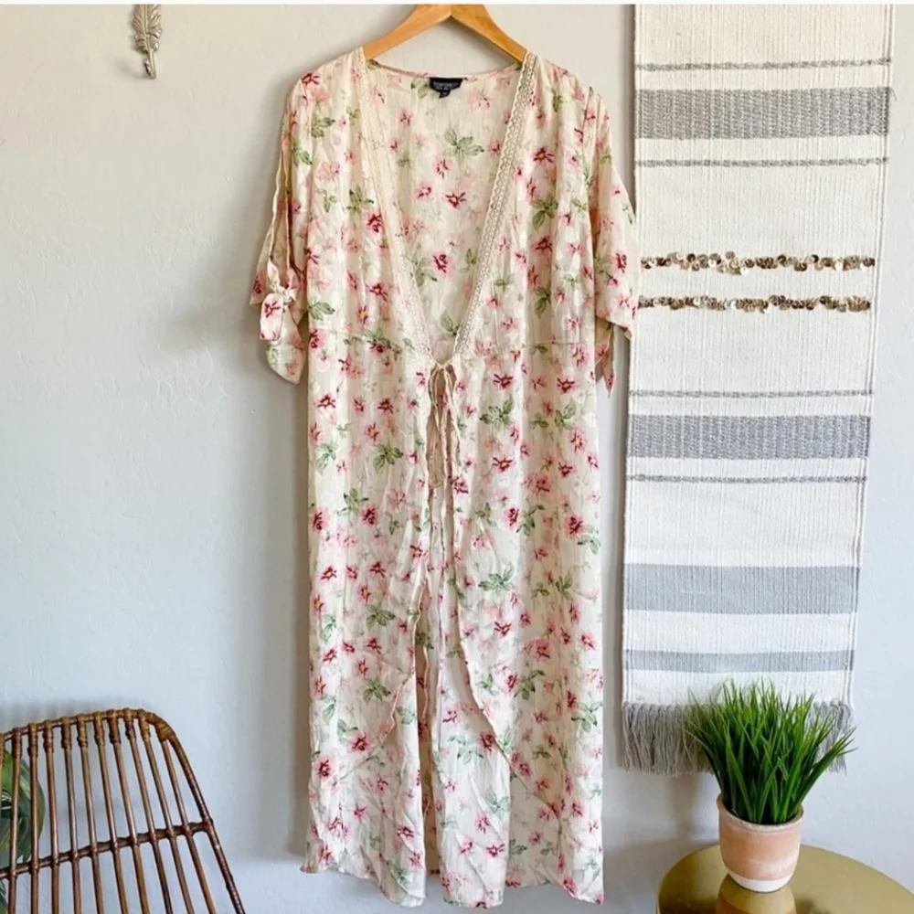 Topshop Cream Floral Wrap Dress Sz 10 - Picture 2 of 4